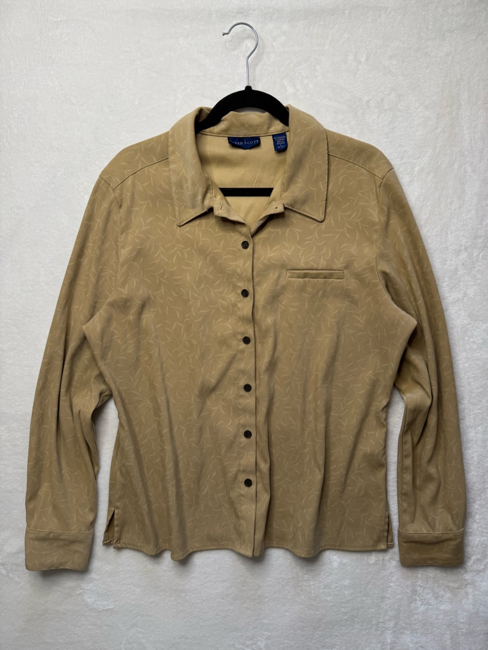 Karen Scott Tan Faux Suede Button-Down Long Sleeve Shirt 90s Vintage Minimalist
